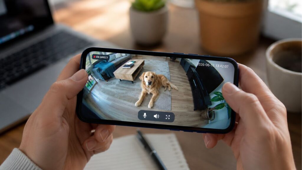 personne consultant sa caméra pour animaux sur téléphone